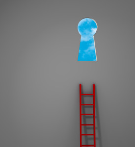 A red ladder leans against a gray wall but is too short to reach the keyhole-shaped doorway that opens to bright, blue skies.